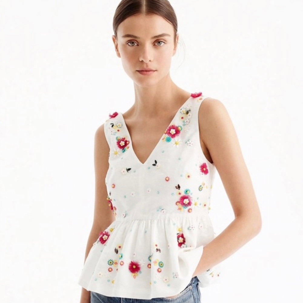 J.Crew hand beaded floral linen peplum tank top
